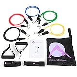 Resistance Bands Set by Aurorae Fitness includes Padded Handles, Door Anchor, Ankle Strap, Guide Book, and Carrying Case