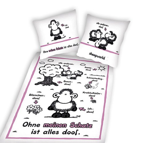 SHEEPWORLD: OHNE MEINEN SCHATZ IST ALLES DOOF - Bettwäsche mit Wendekissen, weiß, 100% Baumwolle (80x80xm/135x200cm)