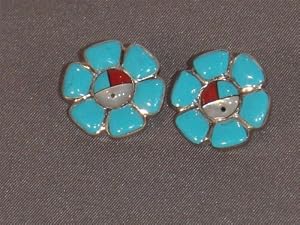 Sleeping Beauty Turquoise Inlaid Gods Eye Sterling Silver Post Earrings - ER-0056