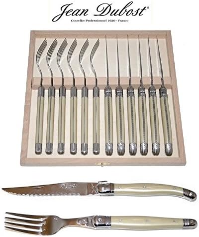Laguiole Dubost - Pearl - 6 Steak Knives + 6 Forks (12 Pcs Steak Flatware Set) - In Heavier 25/10 Stainless Steel - 2.5 mm Sharp Serrated Blade (French White Color Quality Cutlery - Family Dinner Table Steak Setting - Direct From France)