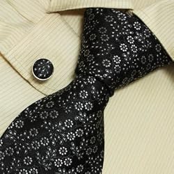 Designer Hand Made Black White Florals Pattern Necktie Cufflinks Set with Gift Box Ties for Him Jacquard Woven Pure Silk Mens Tie and Cuff Links Gift Tie Set S4004
