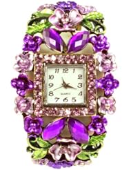 Kate Marie Gorgeous Rhinestone Women Bracelet Watch in Goldtone Plate Stunning Purple Floral Crystal Beads Design