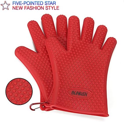 BLINKEEN® Silicone BBQ Gloves - Heat Resistant - Insulated Waterproof, Perfect Use as Potholder, Oven, Grill, Baking, Smoking and Cooking Gloves. (13.3 Ounces) Thicker and Stronger. Cool★Five-Pointed Star★Non-Slip Bulge. One Size Fits Most - One Pair - [Red]