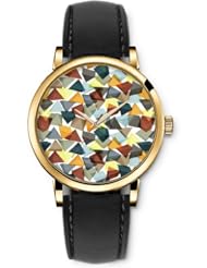 SPRAWL Aanalog Fashion Series Gold Ladies Watches of Genuine Black Leather Strap,Unique Wrist Watch for Women Girls Designed with 3D Colorful Triangles