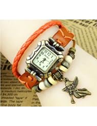 KANO BAK(TM) Vintage Wrap Around Press Button Leather Retro Weave Wrap Quartz Bracelet Woman Unisex Angel Gift Watch Orange