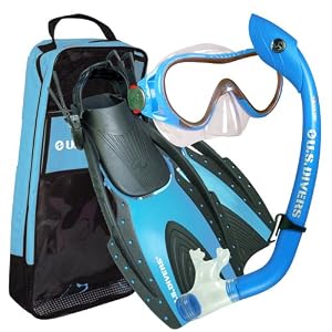 U.S. Divers Youth Coral Island Dry Snorkel Mask with Hingeflex Jr. Fin and Travelite Bag Set