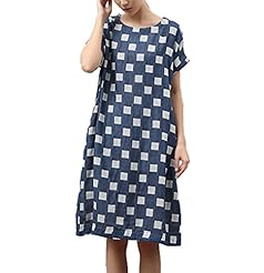 Cotton/Linen Short Sleeves Scoop Neck Plaid Print Midi Dress 