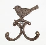 Aunt Chris' Products - Cast Iron Bird With Double Hook - Wall Hung - Old Rustic Color Finish - Use Indoor Or Outdoor - Hang Coats, Jackets, Scarves, Jewelry, Umbrella, Notes, Ect.