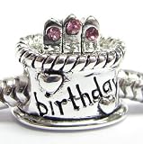 Queenberry .925 Sterling Silver Pink Rose CZ Happy Birthday Cake W/ Heart Love Charm For Pandora Troll Biagi Chamilia Birthstone October