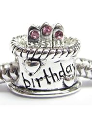 925 Sterling Silver Pink Rose CZ Happy Birthday Cake W/ Heart Love Charm For Pandora Troll Biagi Chamilia Birthstone October