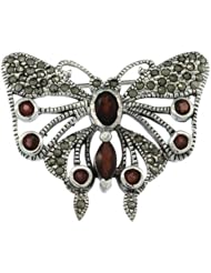 Sterling Silver Marcasite Butterfly Brooch Pin w/ Round, Oval & Marquise Cut Garnet Stones, 1 1/4 in. (32mm) tall
