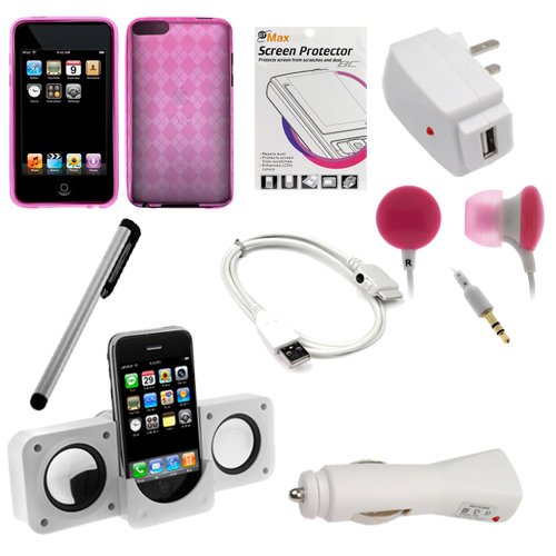 GTMax USB Car Charger + USB Travel Charger + USB Data Cable + White Portable Folding Speaker + Silver Universal PDA Stylus + Pink Checker Gel Back Cover Case + LCD Screen Protector + Pink Soft Gel Earbud Headset for Apple iPod Touch 2nd / 3rd Generation