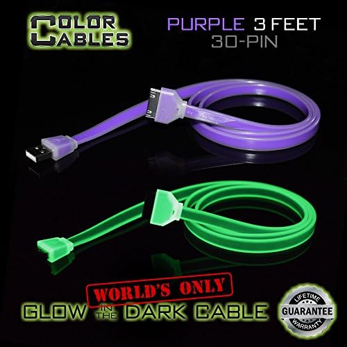 Color Cables: Apple 30 Pin Charge and Sync Data Cable (PURPLE - 3FT) Glow in the Dark - 1M Long - Extra Tough - No Tangle - High-Speed - Premium 30 Pin to USB A Male Cable