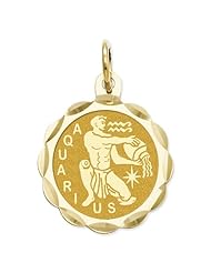 14k Yellow Gold Polished Engravable Aquarius Zodiac Scalloped Disc Pendant