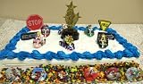 Super Mario Brothers Mario Kart 17 Piece Birthday Cake Topper Set Featuring 6 Pull Back Mario Kart Cars with Mario, Luigi, Toad, Donkey Kong, Princess Peach, Bowser, Mario Kart Racing Trophy, Mario Kart Stop, Yield, One Way Signs, and 6 Mario 1 Decorative Buttons