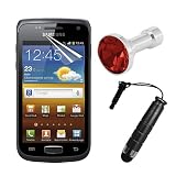 Skque Anti Scratch Screen Protector+Black Stylus Pen with 3.5mm Anti Dust Plug+3.5mm Red Crystal Dustproof Headphone Plug Charm for Samsung Galaxy Wonder I8150