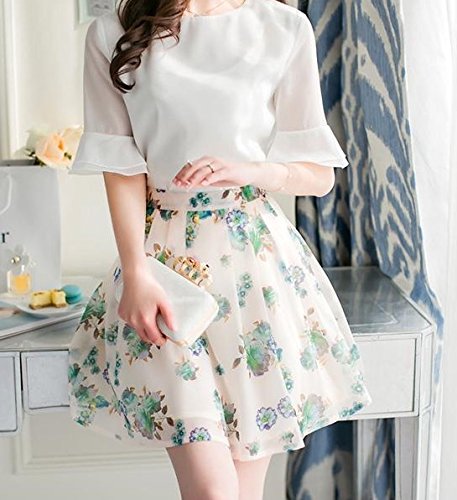 レディース スカート ツーピース 花柄 ホーンスリーブ ラウンドネック シフォンブラウス