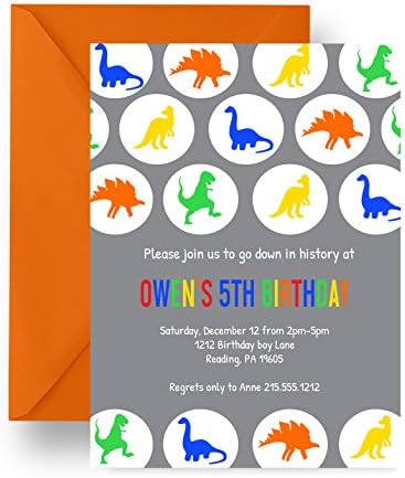 Kids Dinosaur Birthday Party Invitations Colorful Stripe & T-Red Printed Boys Set Personalized