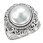 925 Silver & Mabe Pearl Intricate Scroll Ring- Size 6