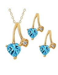 2.14 Ct Heart Shape Swiss Blue Topaz 18k Yellow Gold Pendant Earrings Set
