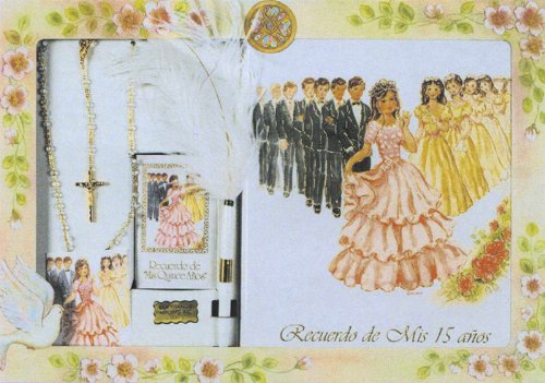 Quinceanera Guest Book Set – ENGLISH – XV Missal – Guest Book – Crystal Rosary – White Feater Pen