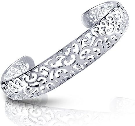 Silver Tone Filigree Cuff Bracelet - Rhodium Plated Open End Bangle - Jewelry for Women, Moms or Teens