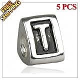 1 Buy = 5PCS Silver Plated Alphabet Letter Alloy Charm Beads, High Quality With Sterling 925 Silver Brightness, 4.5mm Threaded Core, Matching Lampwork Murano Glass Beads for European Style Bracelets and Necklaces, Well Compatible with Pandora, Troll, Biagi, Caprice, Dione Chains