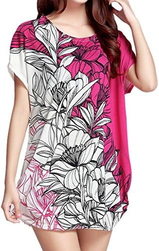 Women short Sleeve Oversize Casual loose Tops Blouse Dress LongShirt (One Size, Hot Pink)