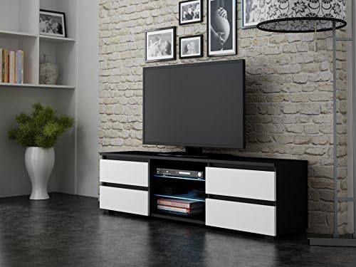 TV Stand FOURDRAW Matte with LED light Glass Shelves and 4 Drawers for up to 65" Flat TV Screens - Mesa TV hasta 65 " con LEDs - Media storage TV cabinet for 65-inch screens (Black with White matte)