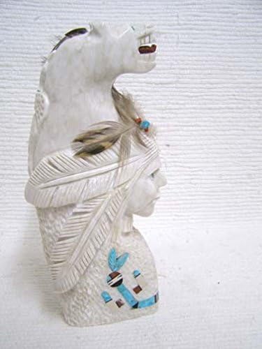 Native American Navajo Carved Marble Totem with Warrior with Bear and Eagle