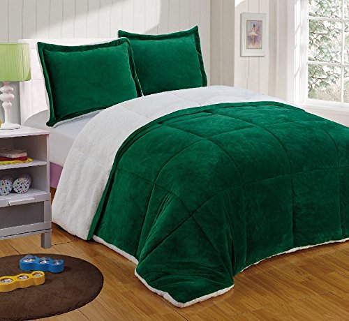 Chezmoi Collection 3-piece Micromink Sherpa Reversible Down Alternative Comforter Set (Queen, Green)