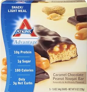 Atkins Advantage Caramel Chocolate Peanut Nougat Light Meal Bar, 5 Count Bars