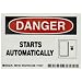 Brady 86148,  Equipment/Oem Labels, 3 1/2" Height x 5" Width, Black/Red on White, Legend "Starts Automatically."  (5 per Package)