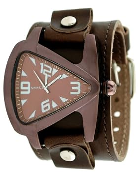 Nemesis #BLBB041B Men's Brown IP Premium Wide Leather Strap Futuristic Teardrop Watch