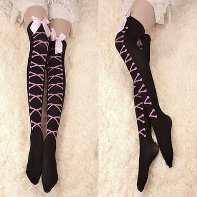 ANDP Black and Pink Cross Bones Velvet Punk Lolita Over Knee Socks