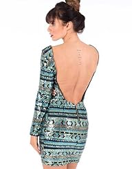 Sequined Glittering Long Sleeves Geometric Print Bodycon Dress 