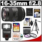 Sony Alpha 16-35mm f/2.8 DT ZA SSM Vario-Sonnar T* Zoom Lens with 32GB Card + Flash + 3 (UV/FLD/PL) Filters + Tripod + Accessory Kit for SLT-A33, A35, A55, A57, A65, A77, DSLR-A560 & A580 Digital SLR Cameras