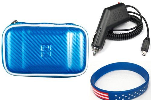 Garmin Nuvi 785T Nylon/ EVA Carrying Case (Blue) + Premium Car Charger + Free Stars Stripes Silicone Wristband