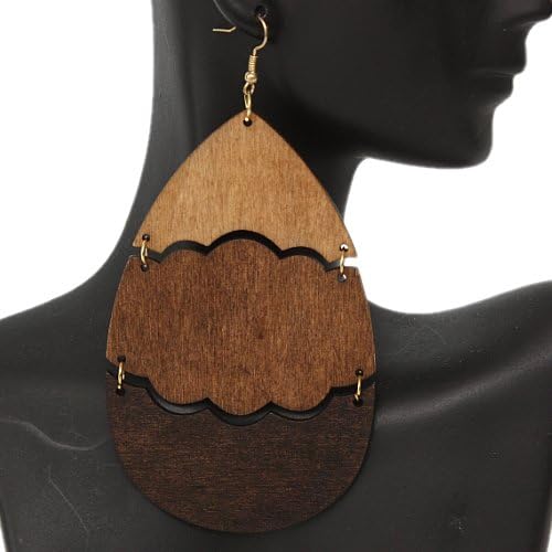 Brown Large Wooden Teardrop Link Earrings