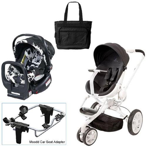 Quinny Black Irony Moodd Travel System with Britax Cowmooflage Car Seat Diaper Bag