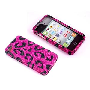 Smile Case Pink Leopard Cheetah Bling Rhinestone Crystal Snap on Full Cover Case for AT&T Verizon Sprint iPhone 4 iPhone 4S (4-Bling Leopard Pink)