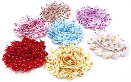 Cloris Shabby Chiffon Fabric Flowers Heart Shaped Dots WITHOUT Clips Assorted Colors (14 Pack)