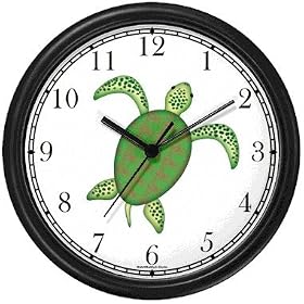 Green No.2 Sea Turtle or Tortoise with Fancy Shell Design - JP Wall Clock by WatchBuddy Timepieces (Hunter Green Frame)