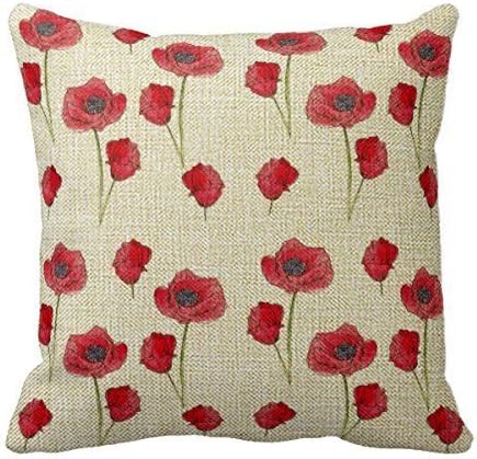 Yummy Bears Cotton Linen Square Fashion Red Poppy Watercolor Flower Botanical Art Pillowcase