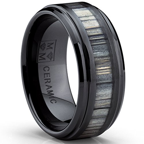 Black Ceramic Wedding Band Ring with Real Zebra Wood Inlay, 9MM Comfort Fit, Size 8.5