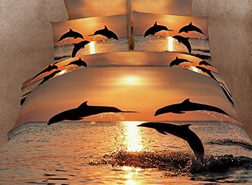 Dolphin in the Sea - 100% Cotton Bed Linen Luxury Oil Painting 3d Bedding Set Bed Clothes Full Queen Size (Queen)