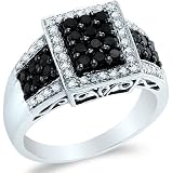 Size - 8.5 - 14k White Gold Black and White Diamond Emerald Shape Center Channel Set w/ Side Stones Round Cut Diamond Engagement Ring 11mm (.64 cttw)