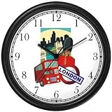 Icons of London: London Bridge, Doubledecker Tour Bus, Royal Guard in Bear Hat England Theme Wall Clock by WatchBuddy Timepieces (White Frame)