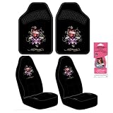 Ed Hardy "Love Kills" Design Auto Accessories Interior Package - Front Floor Mats & Seat Covers and Strawberry Ed Hardy Air Freshener