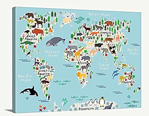 Proud Of Queen World Map Art Animal World Map for Kids Room Nursery World Map Print Canvas for Kids and Baby Room Kids Room Wall Decor